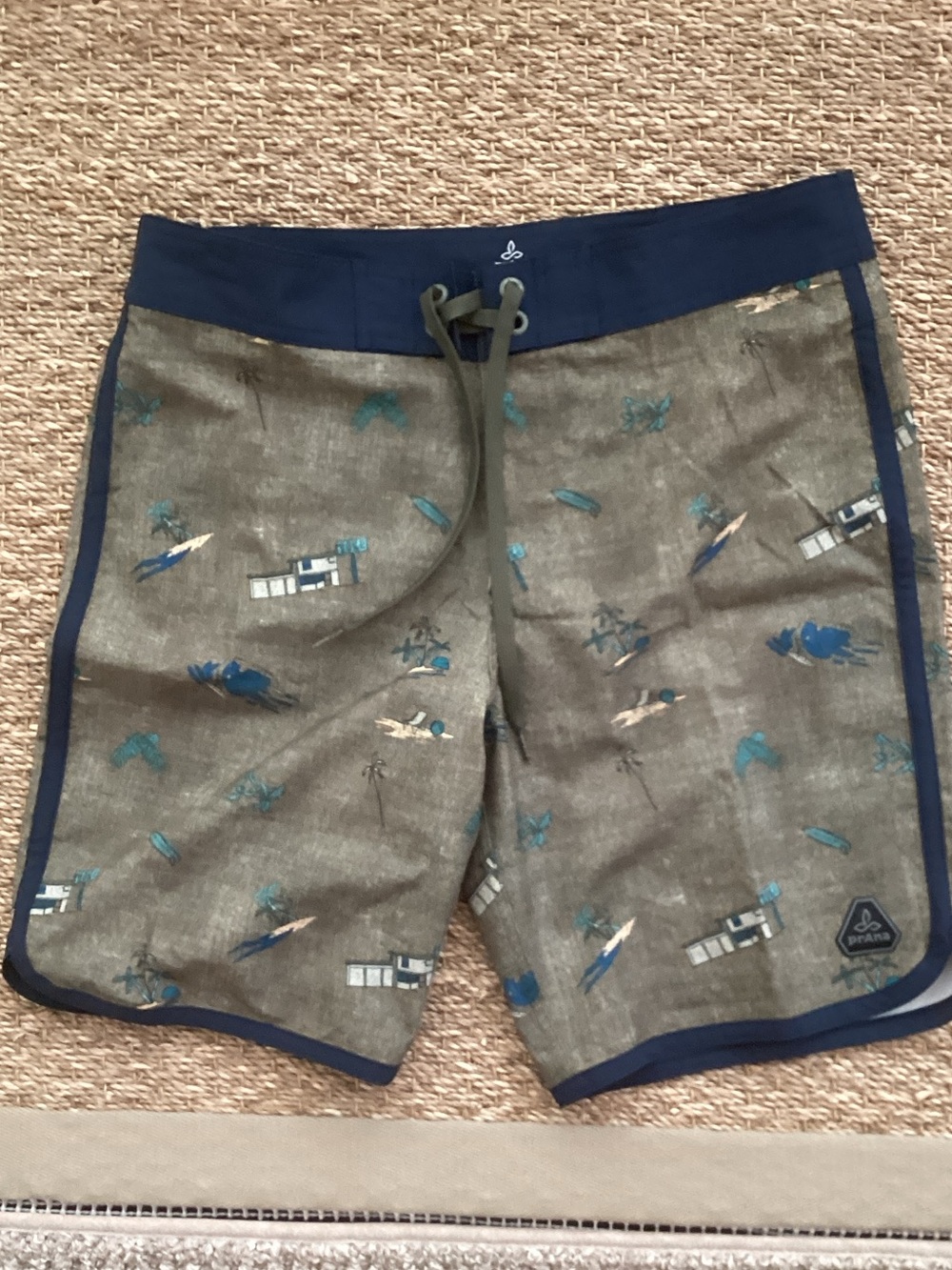 Prana Men's Olive Green Palm & Surf Print Board Shorts with Navy Waist